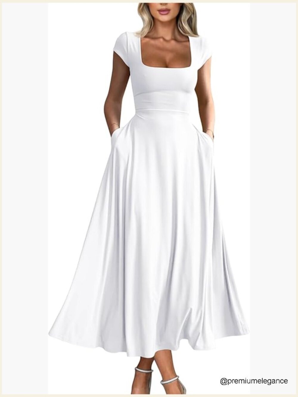 Short Sleeve Square Neck Maxi Dress with Pockets, Slim Flowy Fit
